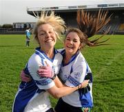 3 March 2012; Colaiste Ide agus Iosef players Tara Zgaga, left, and Marian Stack celebrate victory. Tesco All-Ireland Post Primary Schools Senior A Semi-Final, St Leo’s, Carlow v Colaiste Ide agus Iosef, Limerick, McDonagh Park, Nenagh, Co. Tipperary. Picture credit: Ray McManus / SPORTSFILE