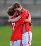 3 March 2012; St Leo’s players Tara Kelly, left, and Amanda Kinsella comforth each other after the game. Tesco All-Ireland Post Primary Schools Senior A Semi-Final, St Leo’s, Carlow v Colaiste Ide agus Iosef, Limerick, McDonagh Park, Nenagh, Co. Tipperary. Picture credit: Ray McManus / SPORTSFILE