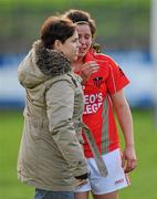 3 March 2012; Full back Ciera Callanan is comforted by St Leo’s supporter Louise Pollard after the game. Tesco All-Ireland Post Primary Schools Senior A Semi-Final, St Leo’s, Carlow v Colaiste Ide agus Iosef, Limerick, McDonagh Park, Nenagh, Co. Tipperary. Picture credit: Ray McManus / SPORTSFILE