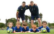5 July 2017; Rob Kearney and Ross Byrne of Leinster Rugby came out to the Bank of Ireland Leinster Rugby Summer Camp at Donnybrook Stadium. Pictured are Kearney and Byrne with Under-7 campers, from left, Emily Delle Chiaie, Paul Batten, Alfie Stephenson, Ross McGowan, and Savannah Stephenson. Photo by Cody Glenn/Sportsfile