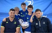 5 July 2017; Rob Kearney and Ross Byrne of Leinster Rugby came out to the Bank of Ireland Leinster Rugby Summer Camp at Donnybrook Stadium. Pictured are Bective Rangers youth rugby players, from left, Ben Bluett, age 10, Cormac Doyle, age 11, and Christopher Hickey, age 11, pictured with Kearney and Byrne at Donnybrook Stadium in Dublin. Photo by Cody Glenn/Sportsfile