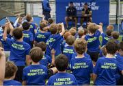 5 July 2017; Rob Kearney and Ross Byrne of Leinster Rugby came out to the Bank of Ireland Leinster Rugby Summer Camp at Donnybrook Stadium. Pictured are youth rugby players asking questions to Kearney and Byrne at Donnybrook Stadium in Dublin. Photo by Cody Glenn/Sportsfile