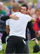 5 July 2017; Rory McIlroy of Northern Ireland and Manchester City manager Pep Guardiola after the Pro-Am ahead of the Dubai Duty Free Irish Open Golf Championship at Portstewart Golf Club in Portstewart, Co. Derry. Photo by Brendan Moran/Sportsfile