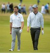 5 July 2017; Irish actor Jamie Dornan, left, and Justin Rose of England during the Pro-Am ahead of the Dubai Duty Free Irish Open Golf Championship at Portstewart Golf Club in Portstewart, Co. Derry. Photo by Oliver McVeigh/Sportsfile