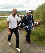 5 July 2017; Manchester City FC manager Pep Guardiola with Rory McIlroy's caddie JP Fitzgerald during the Pro-Am ahead of the Dubai Duty Free Irish Open Golf Championship at Portstewart Golf Club in Portstewart, Co. Derry. Photo by Oliver McVeigh/Sportsfile