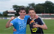 5 July 2017; Mark Tracey, left, and David O'Hanlon of Dublin celebrate after the Electric Ireland Leinster GAA Football Minor Championship Semi-Final match between Kildare and Dublin at St Conleth's Park in Newbridge, Co Kildare. Photo by Piaras Ó Mídheach/Sportsfile