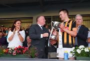 5 July 2017; Pat Lyng of Kilkenny is presented with the trophy by Irene Gowing, Bord Gáis Energy, and Leinster GAA Chairman Jim Bolger after the Bord Gais Energy Leinster GAA Hurling Under 21 Championship Final Match between Kilkenny and Wexford at Nowlan Park in Kilkenny. Photo by Ray McManus/Sportsfile