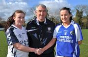 4 March 2012; Kildare captain Aoife Herbert, left, shakes hand with Laois captain Tracey Lawlor, acorss referee James Flood. Bord Gais Energy Ladies National Football League, Division 1, Round 4, Kildare v Laois, Ballykelly, Co. Kildare. Picture credit: Barry Cregg / SPORTSFILE