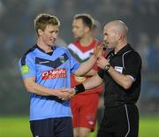 2 March 2012; Paul O'Connor, UCD, shakes hands with referee Padraigh Sutton after the game. Airtricity League Premier Division, UCD v Cork City, Belfield Bowl, UCD, Belfield, Dublin. Picture credit: Ray McManus / SPORTSFILE