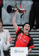 4 March 2012; Oulart-the-Ballagh captain Una Leacy lifts the cup. All Ireland Senior Camogie Club Championship Final 2011, Drom/Inch, Tipperary v Oulart-the-Ballagh, Wexford, Croke Park, Dublin. Picture credit: Brian Lawless / SPORTSFILE