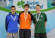 3 March 2012; Winner of the Men's 100m Butterfly Brendan Hyland, centre, Tallaght, with second place Philip Duffy, left, St. Pauls, and third place David O'Sullivan, Galway, during the Irish Long Course National Swimming Championships/Olympic Trials. National Aquatic Centre, Abbotstown, Dublin. Photo by Sportsfile