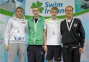 3 March 2012; Winner of the Men's 200m Breaststroke, Nicholas Quinn, second from left, Castlebar, with second place Alex Condron, left, Athlone, third place Matthew Scott, Ards, and third place commemerative Brady Rothschild, right, Players, during the Irish Long Course National Swimming Championships/Olympic Trials. National Aquatic Centre, Abbotstown, Dublin. Photo by Sportsfile
