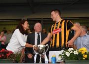 5 July 2017; Pat Lyng of Kilkenny is congratulated by Irene Gowing, Bord Gáis Energy and Leinster GAA Chairman Jim Bolger after the Bord Gais Energy Leinster GAA Hurling Under 21 Championship Final Match between Kilkenny and Wexford at Nowlan Park in Kilkenny. Photo by Ray McManus/Sportsfile