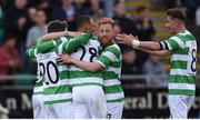 6 July 2017; Shamrock Rovers players celebrate after Graham Burke, centre, scored their side's first goal during the Europa League First Qualifying Round Second Leg match between Shamrock Rovers and Stjarnan at Tallaght Stadium in Tallaght, Co Dublin.