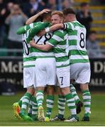 6 July 2017; Shamrock Rovers players celebrate after Graham Burke scored their side's first goal during the Europa League First Qualifying Round Second Leg match between Shamrock Rovers and Stjarnan at Tallaght Stadium in Tallaght, Co Dublin.