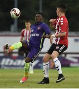 6 July 2017; Rilwan Hassan of Midtjylland in action against Rory Holden of Derry City during the Europa League First Qualifying Round Second Leg match between Derry City and Midtjylland at The Showgrounds in Sligo. Photo by David Maher/Sportsfile