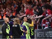 6 July 2017; Derry City supporters congratulate Midtjylland players at the end of the Europa League First Qualifying Round Second Leg match between Derry City and Midtjylland at The Showgrounds in Sligo. Photo by David Maher/Sportsfile