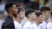 5 July 2017; Aaron O'Neill of Kildare, left, and his team-mates stand for the National Anthem before the Electric Ireland Leinster GAA Football Minor Championship Semi-Final match between Kildare and Dublin at St Conleth's Park in Newbridge, Co Kildare. Photo by Piaras Ó Mídheach/Sportsfile