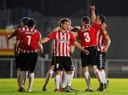 5 March 2012; Derry City's Kevin McDaid, 9, celebrates with his team-mates after scoring his side's first goal. 2012 Setanta Sports Cup, Quarter-Final, 1st Leg, Linfield v Derry City, Windsor Park, Belfast, Co. Antrim. Picture credit: Oliver McVeigh / SPORTSFILE