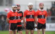 3 March 2012; UCC players, from left to right, Killian Murphy, Darren McCarthy, John O'Callaghan and Stephen Maher during the playing of the National Anthem. Irish Daily Mail Fitzgibbon Cup Final, University College Cork v Cork Institute of Technology, Mardyke Arena, Cork. Picture credit: Diarmuid Greene / SPORTSFILE