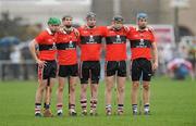 3 March 2012; UCC players, from left to right, William Egan, Dara Fives, Brian Murray, Philip Mahony and James Barry during the playing of the National Anthem. Irish Daily Mail Fitzgibbon Cup Final, University College Cork v Cork Institute of Technology, Mardyke Arena, Cork. Picture credit: Diarmuid Greene / SPORTSFILE