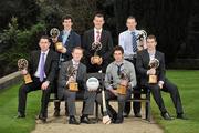 6 March 2012; At the AIB Provincial Player Awards 2011 are, back row, from left, Ulster football winner Jamie Clarke, Crossmaglen Rangers, Co. Armagh, Ulster hurling winner Joey Scullion, Loughgiel Shamrocks, Co. Antrim, and Munster hurling winner Shane Dowling, Na Piarsaigh, Co. Limerick, front row, from left, Frankie Dolan, St. Brigid's, Co. Roscommon, Munster football winner Colm Cooper, Dr. Crokes, Co. Kerry, Leinster hurling winner Cathal Parlon, Coolderry, Co. Offaly, and Leinster football winner Dessie Dolan, Garrycastle, Co. Westmeath. Radisson Blu St. Helen's Hotel, Stillorgan. Picture credit: David Maher / SPORTSFILE