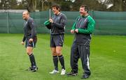 6 March 2012; Ireland players, from left, Rory Best, Donncha O'Callaghan and stand-in forwards coach Anthony Foley before squad training ahead of their side's RBS Six Nations Rugby Championship game against Scotland on Saturday. Ireland Rugby Squad Training, Carton House, Maynooth, Co. Kildare. Picture credit: Brendan Moran / SPORTSFILE