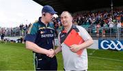 8 July 2017; Leitrim manager Brendan Guckian, left, shakes hands with Carlow manager Turlough O'Brien, right, after the game. the GAA Football All-Ireland Senior Championship Round 2B match between Carlow and Leitrim at Netwatch Cullen Park in Co Carlow. Photo by Barry Cregg/Sportsfile