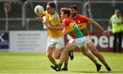 8 July 2017; Keith Beirne of Leitrim in action against Kieran Nolan, centre, and Sahne Redmond, right, of Carlow during the GAA Football All-Ireland Senior Championship Round 2B match between Carlow and Leitrim at Netwatch Cullen Park in Co Carlow. Photo by Barry Cregg/Sportsfile