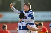 7 March 2012; Aidan Moynihan, and Steve McMahon, left, Rockwell College, celebrate at the final whistle after victory over CBC Cork. Avonmore SuperMilk Munster Schools Senior Cup, Semi-Final, CBC Cork. v Rockwell College, Musgrave Park, Cork. Picture credit: Diarmuid Greene / SPORTSFILE