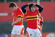 7 March 2012; Shane Galvin and Michael Ryan, left, CBC Cork, show their disappointment after defeat to Rockwell College. Avonmore SuperMilk Munster Schools Senior Cup, Semi-Final, CBC Cork. v Rockwell College, Musgrave Park, Cork. Picture credit: Diarmuid Greene / SPORTSFILE