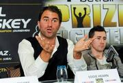 8 March 2012; Promoter Eddie Hearn, left, with boxer Paul McCloskey during a press conference to announce details of his upcoming Light Welterweight bout against Julio Diaz, in Belfast's King's Hall, on Saturday the 5th of May. Europa Hotel, Belfast, Co. Antrim. Picture credit: Oliver McVeigh / SPORTSFILE