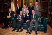 9 March 2012; Members of the 1948 Olympic Team, back row from left, Dermot Sherlock, Honorary Secretary of the OCI, Paddy Kavanagh, swimming, Brendan O'Kelly, football, Morgan McElligott, rowing, and Harry Boland, basketball. Front row, from left, Jimmy Reardon, athletics, Paddy Condon, swimming manager, Robin Tamplin, rowing, and Denis Sugure, rowing, during a reception for the surviving members of the 1948 London Olympics team. Benjamin Iveagh Library, Farmleigh House, Phoenix Park, Dublin. Picture credit: Ray McManus / SPORTSFILE