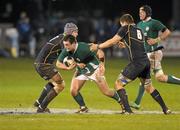 9 March 2012; James Rael, Ireland, is tackled by Mitch Eadie, left, and Jamie Swanson, Scotland. U20 Six Nations Rugby Championship, Ireland v Scotland, Dubarry Park, Athlone, Co. Westmeath. Photo by Sportsfile