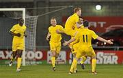 9 March 2012; Willo McDonagh, second from right, Monaghan United, celebrates after scoring his side's first goal with team-mates, left to right, Michael Isichei, Anthony Griffiths, Keith Quinn and no.11 Darragh Reynor. Airtricity League Premier Division, Shamrock Rovers v Monaghan United, Tallaght Stadium, Tallaght, Dublin. Picture credit: David Maher / SPORTSFILE