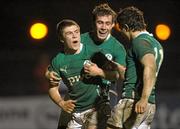 9 March 2012; Luke McGrath, left, Ireland, celebrates after scoring his side's second try with team-mates JJ Hanrahan and Foster Horan, right. U20 Six Nations Rugby Championship, Ireland v Scotland, Dubarry Park, Athlone, Co. Westmeath. Photo by Sportsfile