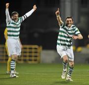 9 March 2012; Killian Brennan, Shamrock Rovers, celebrates after scoring his side's first goal with team-mate Ken Oman, left. Airtricity League Premier Division, Shamrock Rovers v Monaghan United, Tallaght Stadium, Tallaght, Dublin. Picture credit: David Maher / SPORTSFILE