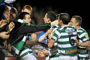 9 March 2012; Billy Dennehy, centre, Shamrock Rovers, celebrates after scoring his side's second goal with team-mates Stephen Rice and Gary O'Neill, right. Airtricity League Premier Division, Shamrock Rovers v Monaghan United, Tallaght Stadium, Tallaght, Dublin. Picture credit: David Maher / SPORTSFILE