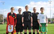 8 March 2012; Belgium captain Nathan Leyder and Republic of Ireland captain Dan Tobin with referee Simon Dragichi, centre, and assistant referees Owen Moynihan and Brian Moynihan before the game. U15 International Friendly, Republic of Ireland v Belgium, Celtic Park, Killarney, Co. Kerry. Picture credit: Diarmuid Greene / SPORTSFILE