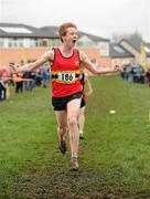 10 March 2012; Kevin Dooney, C.B.C. Monkstown, Dublin, celebrates as he crosses the finish line to win the Senior Boys race at the Aviva All-Ireland Schools' Cross Country 2012. St Mary’s College, Galway. Picture credit: Pat Murphy / SPORTSFILE