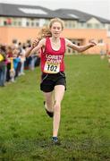 10 March 2012; Clodagh O'Reilly, Loreto College, Cavan, celebrates as she crosses the finish line to win the Junior Girls race at the Aviva All-Ireland Schools' Cross Country 2012. St Mary’s College, Galway. Picture credit: Pat Murphy / SPORTSFILE