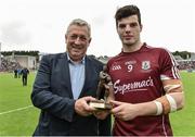 9 July 2017; Pictured is Kevin Molloy, Customer Relationship Manager at Electric Ireland, proud sponsor of the Electric Ireland GAA All-Ireland Minor Championships, presenting Evan Murphy of Galway with the Player of the Match award for his outstanding performance in the Electric Ireland Connacht Minor Football Championship Final. Throughout the Championships fans can follow the conversation, support the Minors and be a part of something major through the hashtag #GAAThisIsMajor. Photo by David Maher/Sportsfile