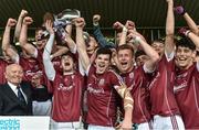 9 July 2017; Captain of Galway minors Sean Mulkerrin celebrates with his teammates at the end of the Electric Ireland Connacht GAA Football Minor Championship Final between Galway and  Sligo at Pearse Stadium in Salthill, Galway. Photo by David Maher/Sportsfile