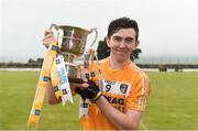 9 July 2017; Conor McHugh of Antrim holds aloft the Donal McNaughton cup after the Electric Ireland Ulster GAA Hurling Minor Championship Final match between Antrim and Derry at Owenbeg in Co Derry. Photo by Oliver McVeigh/Sportsfile