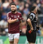 9 July 2017; Michael Lundy of Galway is sent off by referee David Gough during the Connacht GAA Football Senior Championship Final match between Galway and Roscommon at Pearse Stadium in Salthill, Galway. Photo by David Maher/Sportsfile