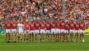 9 July 2017; The Cork 'first 15' stand for the playing of the National Anthem before the Munster GAA Hurling Senior Championship Final match between Clare and Cork at Semple Stadium in Thurles, Co Tipperary. Photo by Ray McManus/Sportsfile