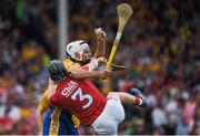 9 July 2017; Aron Shanagher of Clare catches the sliotar ahead of Damian Cahalane of Cork during the Munster GAA Hurling Senior Championship Final match between Clare and Cork at Semple Stadium in Thurles, Co Tipperary. Photo by Brendan Moran/Sportsfile