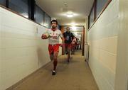 10 March 2012; Joe McMahon, Tyrone, leads out his team. Allianz Football League, Division 2, Round 4, Tyrone v Westmeath, Healy Park, Omagh, Co. Tyrone. Picture credit: Oliver McVeigh / SPORTSFILE