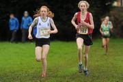 10 March 2012; Eventual winner Clodagh O'Reilly, Loreto College, Cavan, races alongside Niamh Casey, left, Mercy, Waterford, during the Junior Girls race at the Aviva All-Ireland Schools' Cross Country 2012. St Mary’s College, Galway. Picture credit: Pat Murphy / SPORTSFILE