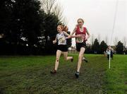 10 March 2012; Eventual winner Clodagh O'Reilly, Loreto College, Cavan, races alongside Niamh Casey, left, Mercy, Waterford, during the Junior Girls race at the Aviva All-Ireland Schools' Cross Country 2012. St Mary’s College, Galway. Picture credit: Pat Murphy / SPORTSFILE